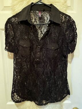 Heart Soul Black Lace Collared Button-Front Blouse